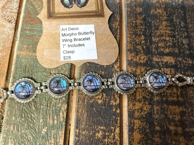Art Deco Morpho Butterfly Wing Bubble Glass Link Bracelet
