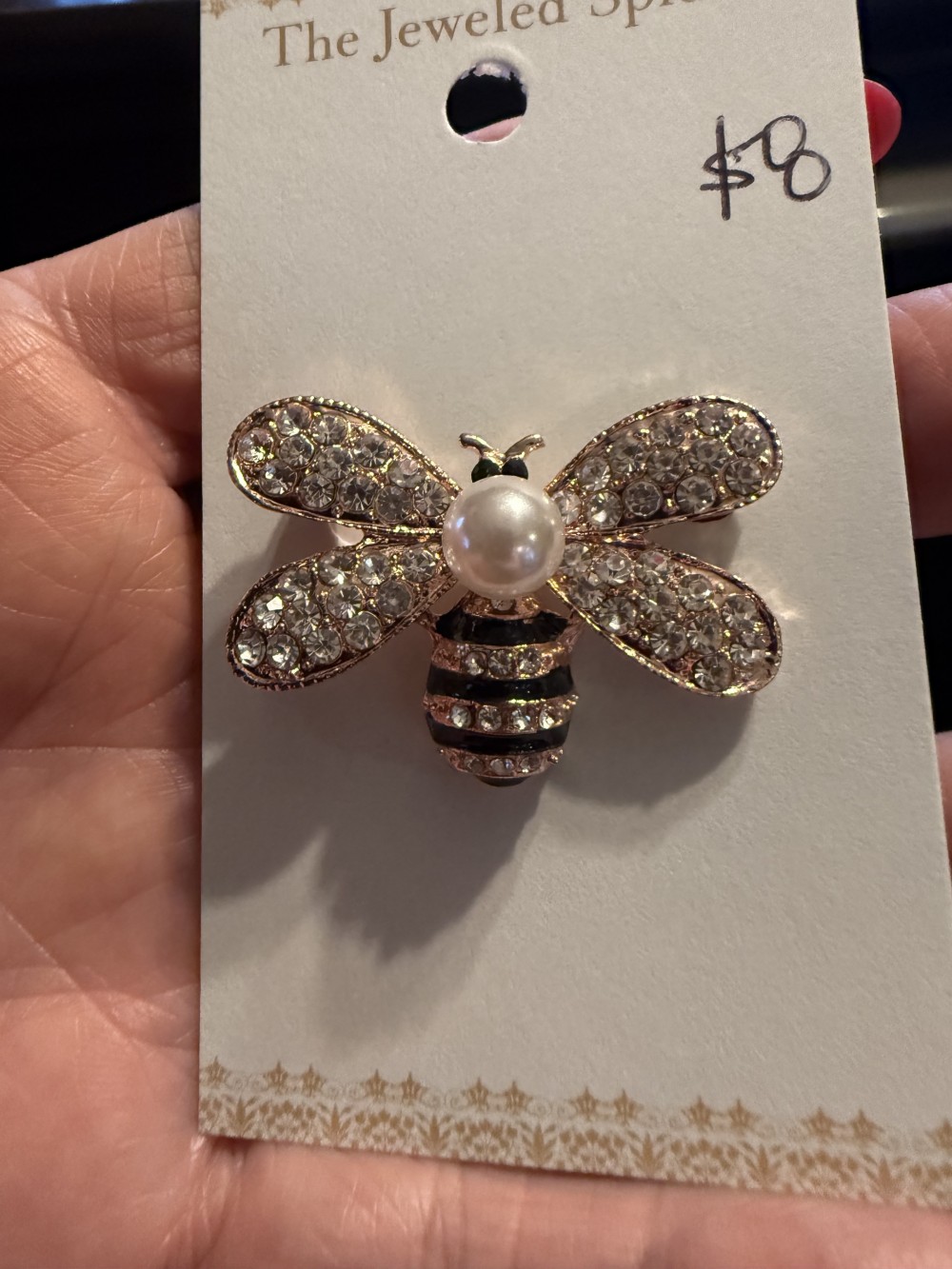 Brooch Pin - Bee Pearl Center Rhinestone Wings Black Enamel Rose Gold