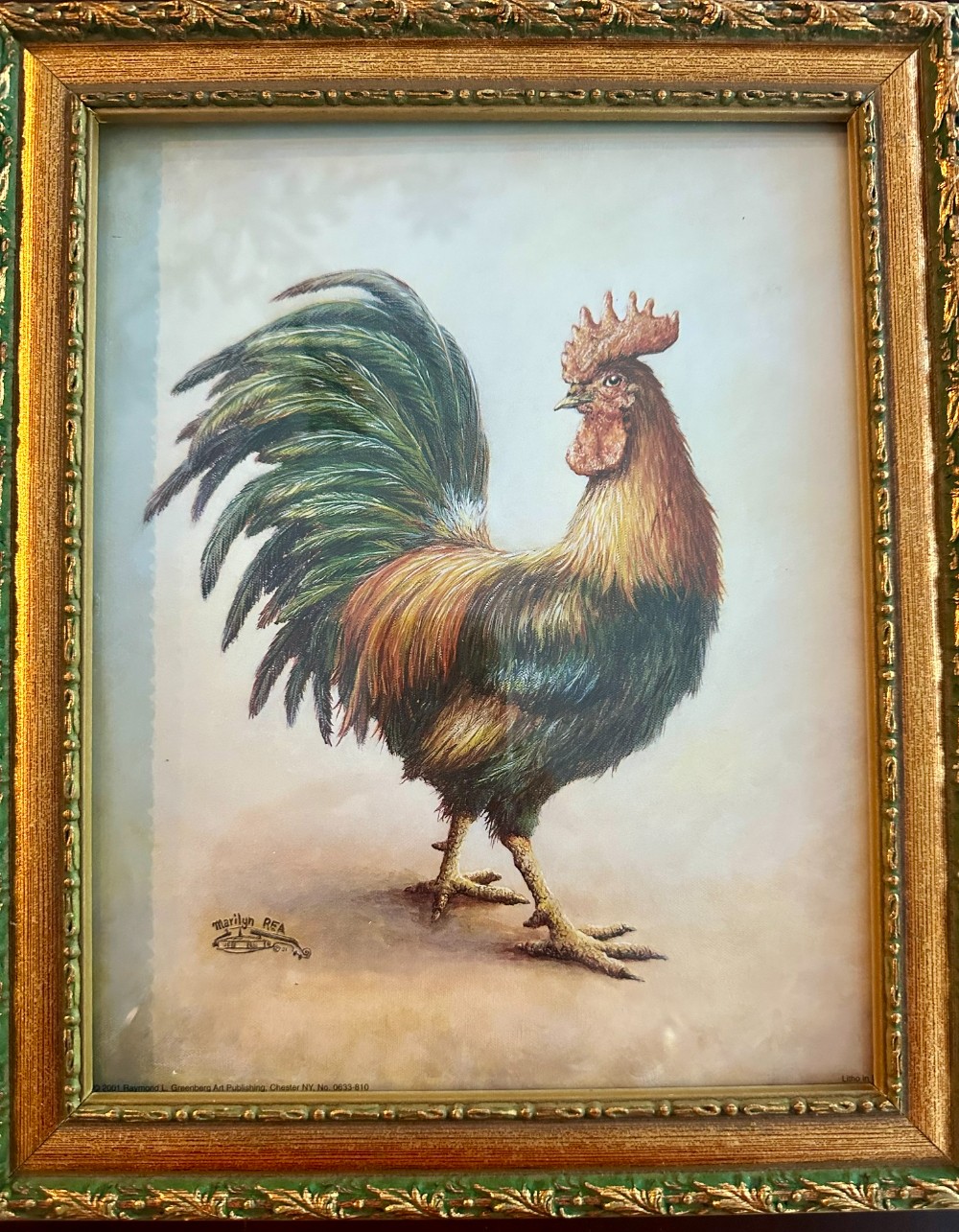 Pair Vint framed Rooster and Chicken Prints, artist Marilyn Rea
