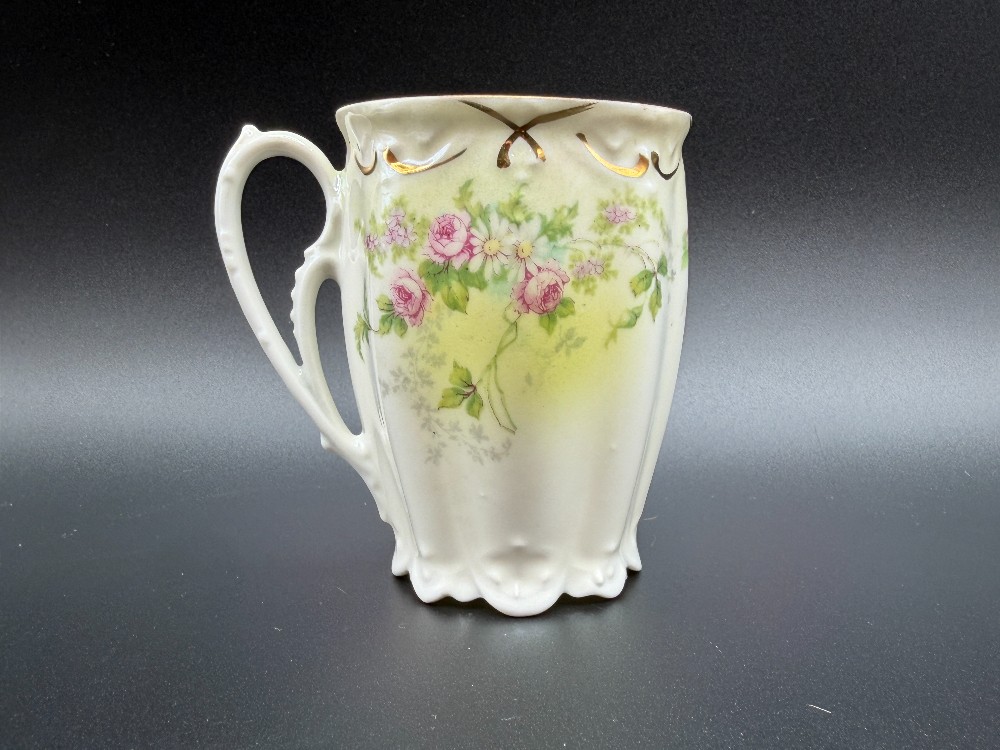 Antique M.Z. Austria Porcelain Scalloped Cocoa Mug and Saucer Set - Pink Rose & Gold Gilt - c. 1884-1909