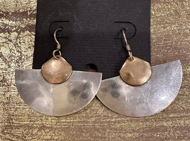 Silver fan with brass disc earrings
