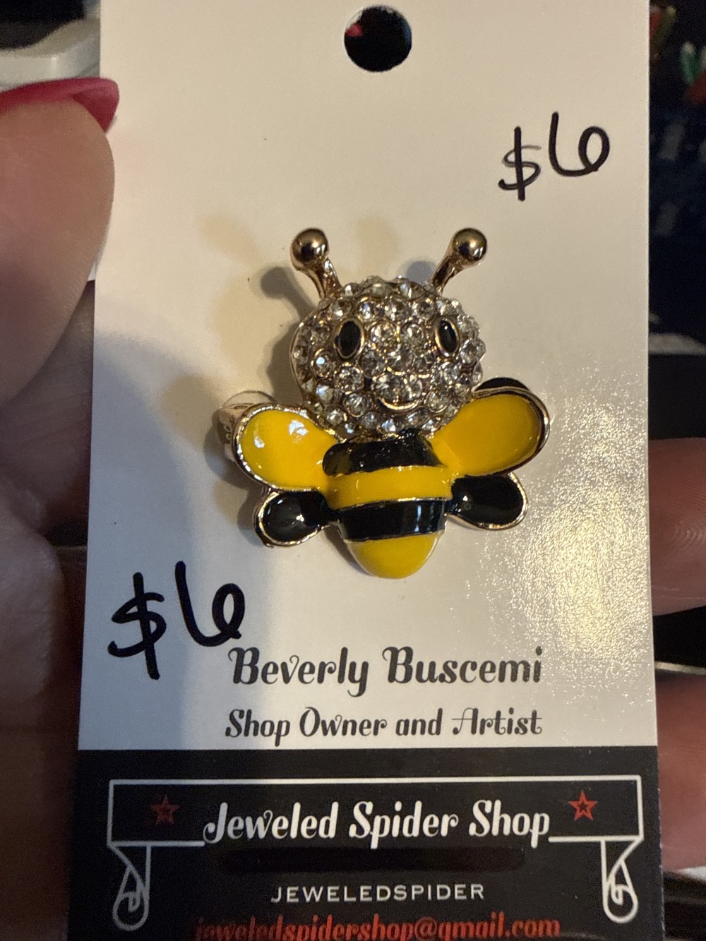 Brooch Pin - Bee Smiling Rhinestone Head Yellow Black Enamel