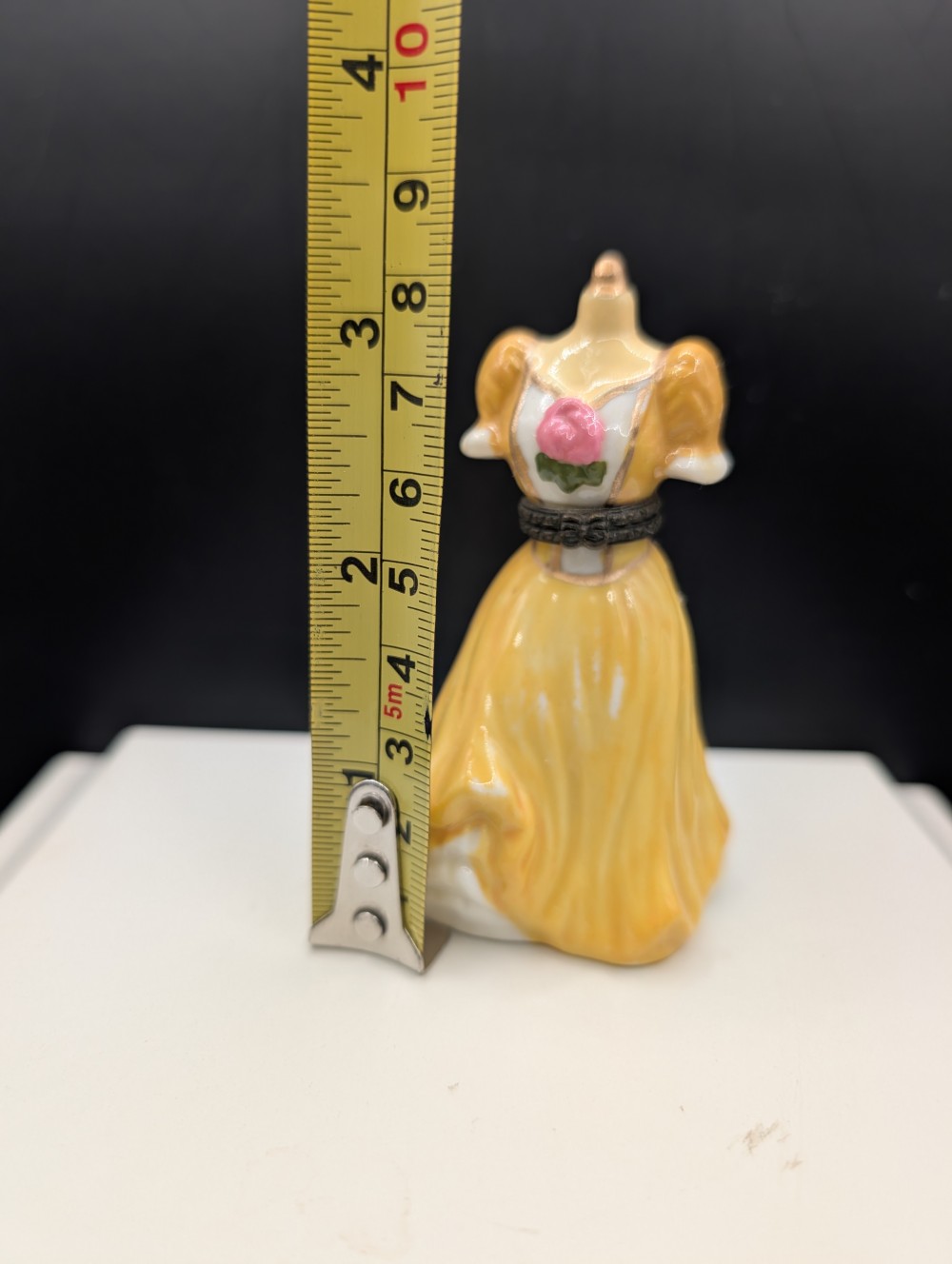 Vtg porcelain yellow dress trinket box
