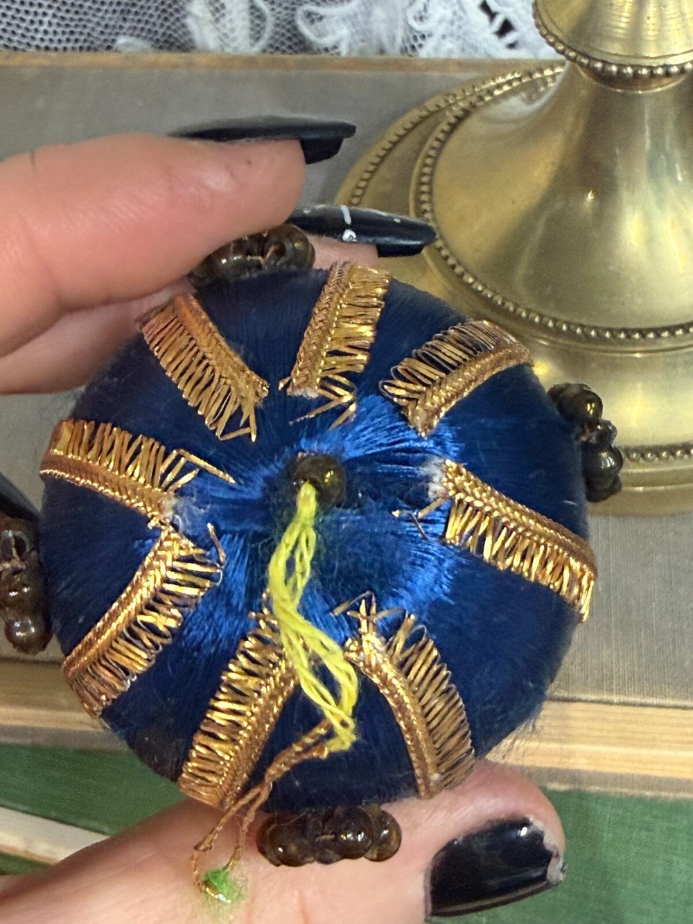 Blue Satin Thread Ball Ornament with Gold Trim and Beaded Clusters