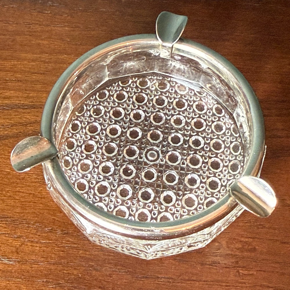 Vintage English Cut Glass Ashtray, Silverplate Rim, Marked England