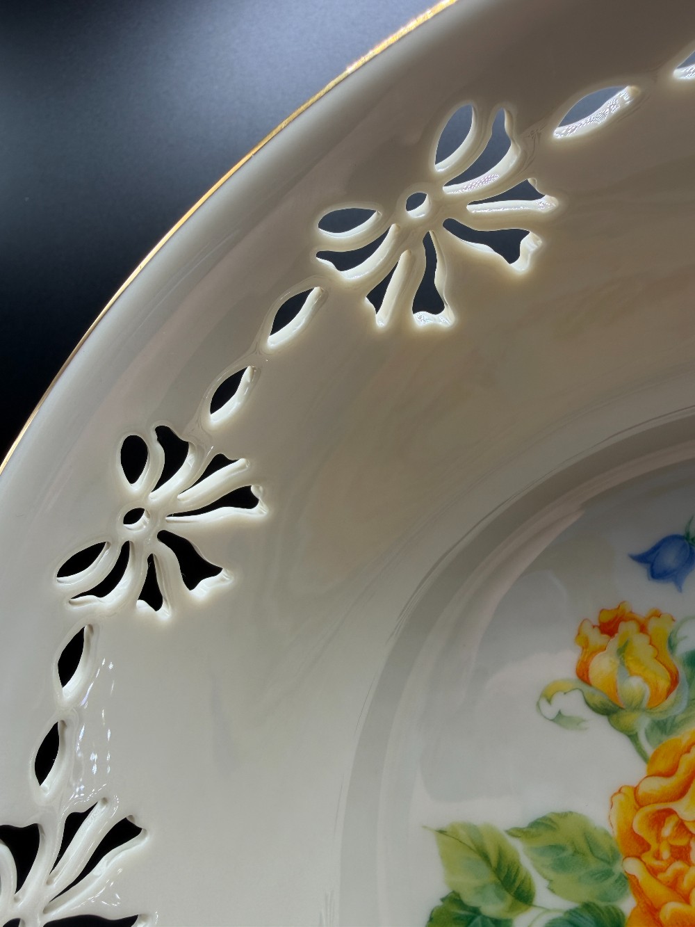 Vintage Lenox Ivory China Pierced Ribbon Reticulated Bowl - Victorian Rose Collection Yellow Rose & Bluebells