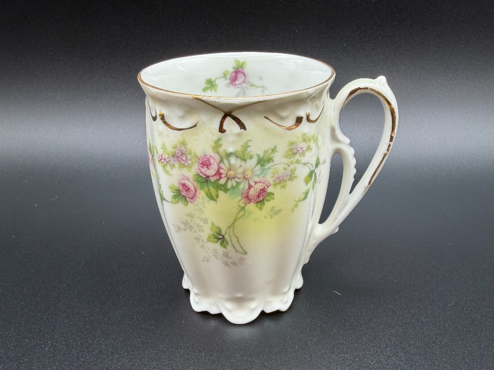 Antique M.Z. Austria Porcelain Scalloped Cocoa Mug and Saucer Set - Pink Rose & Gold Gilt - c. 1884-1909
