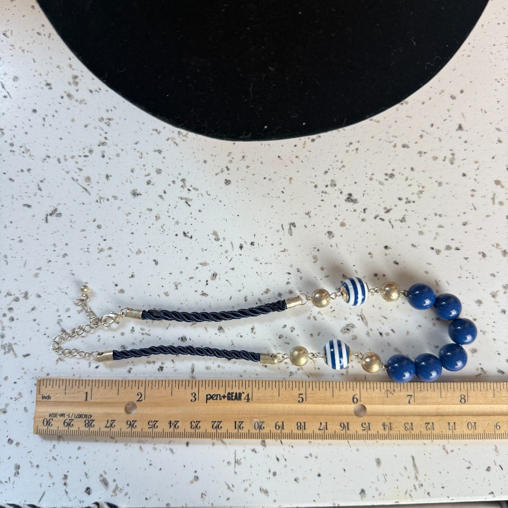 Vintage Blue Bead And Navy Cord Necklace