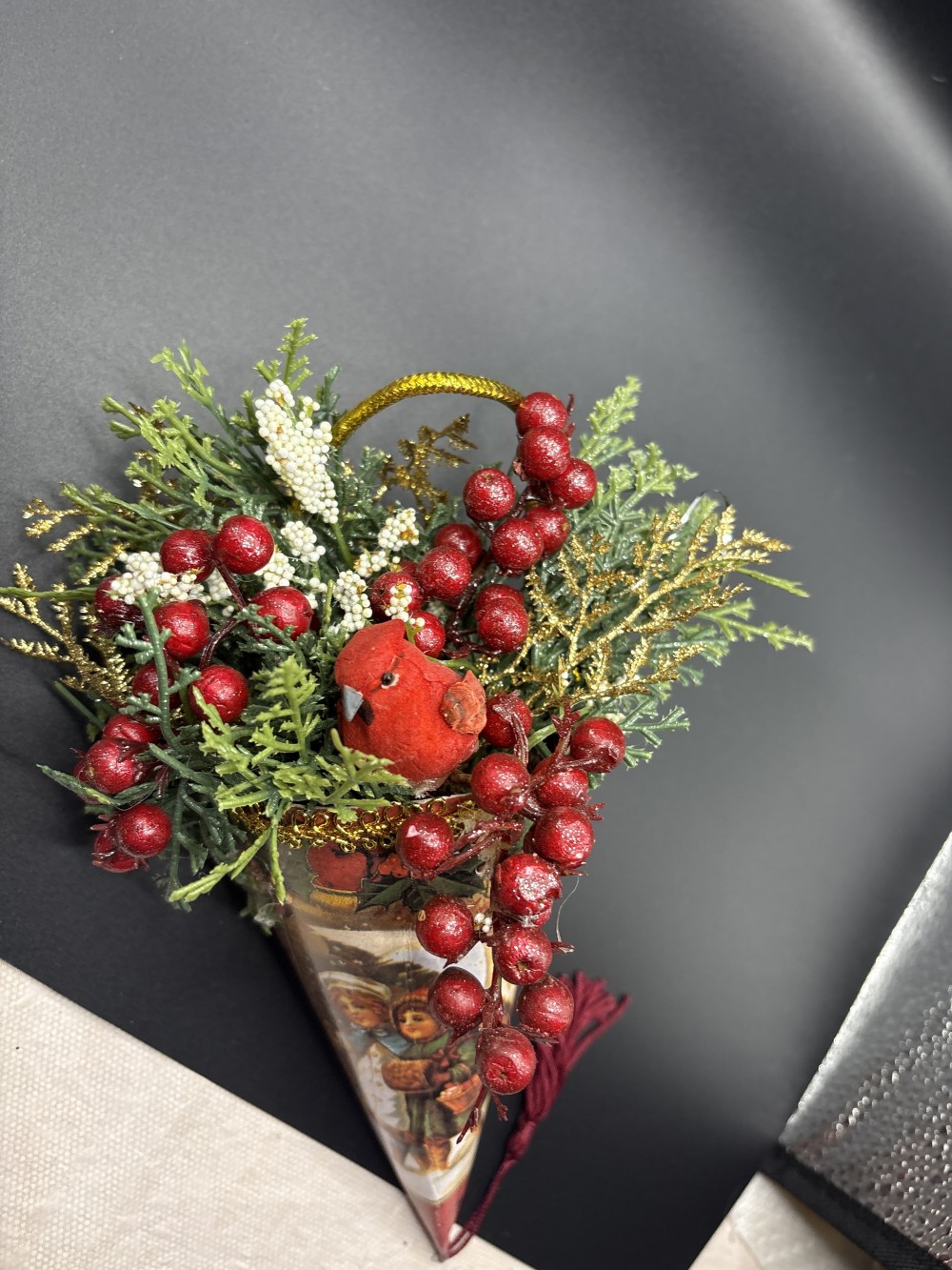 Christmas Hanging Cornucopia Vintage Style ~12 in H
