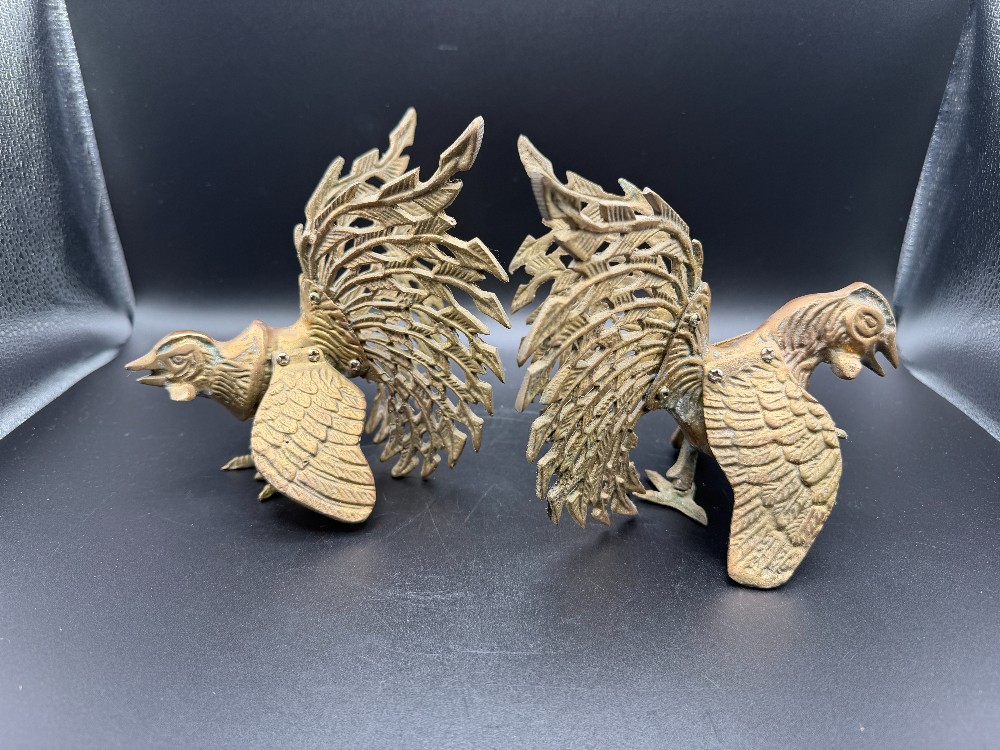 Mid-Century Open-Lattice Brass Fighting Roosters Gamecocks- Pair