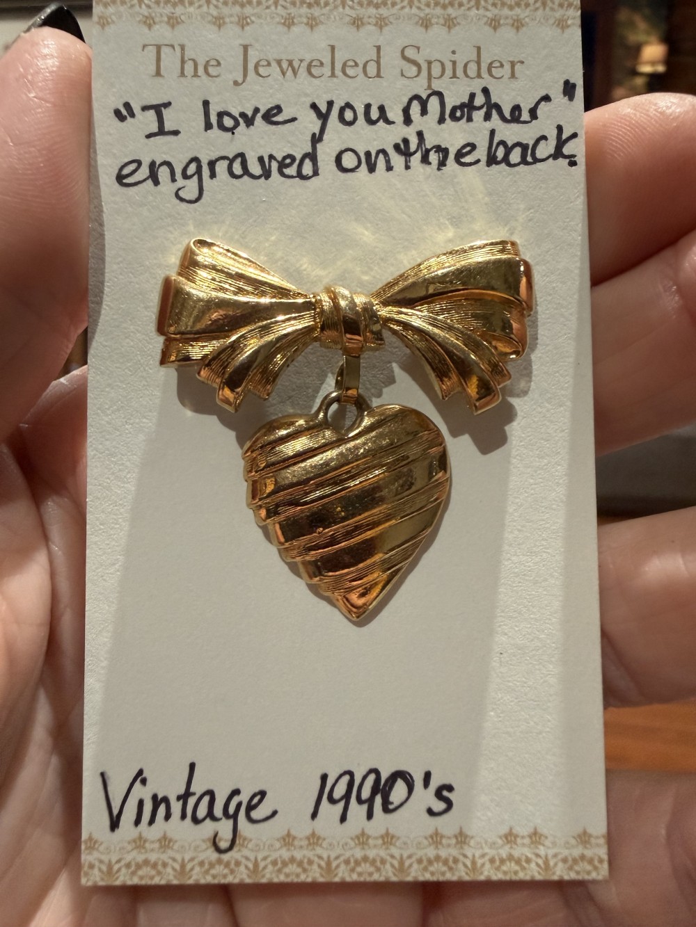 Vintage Gold Bow with Dangling Heart Engraved with I LOVE YOU MOTHER on the back