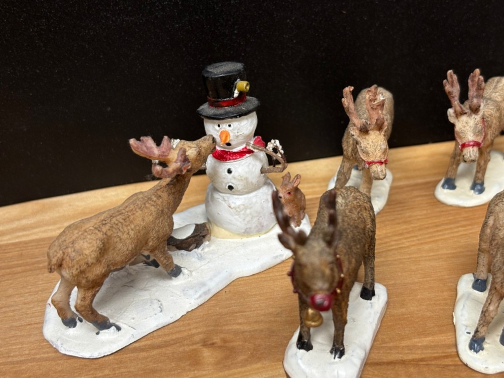Christmas Village Miniature Reindeer Figurines with Snowman 11 Piece Set