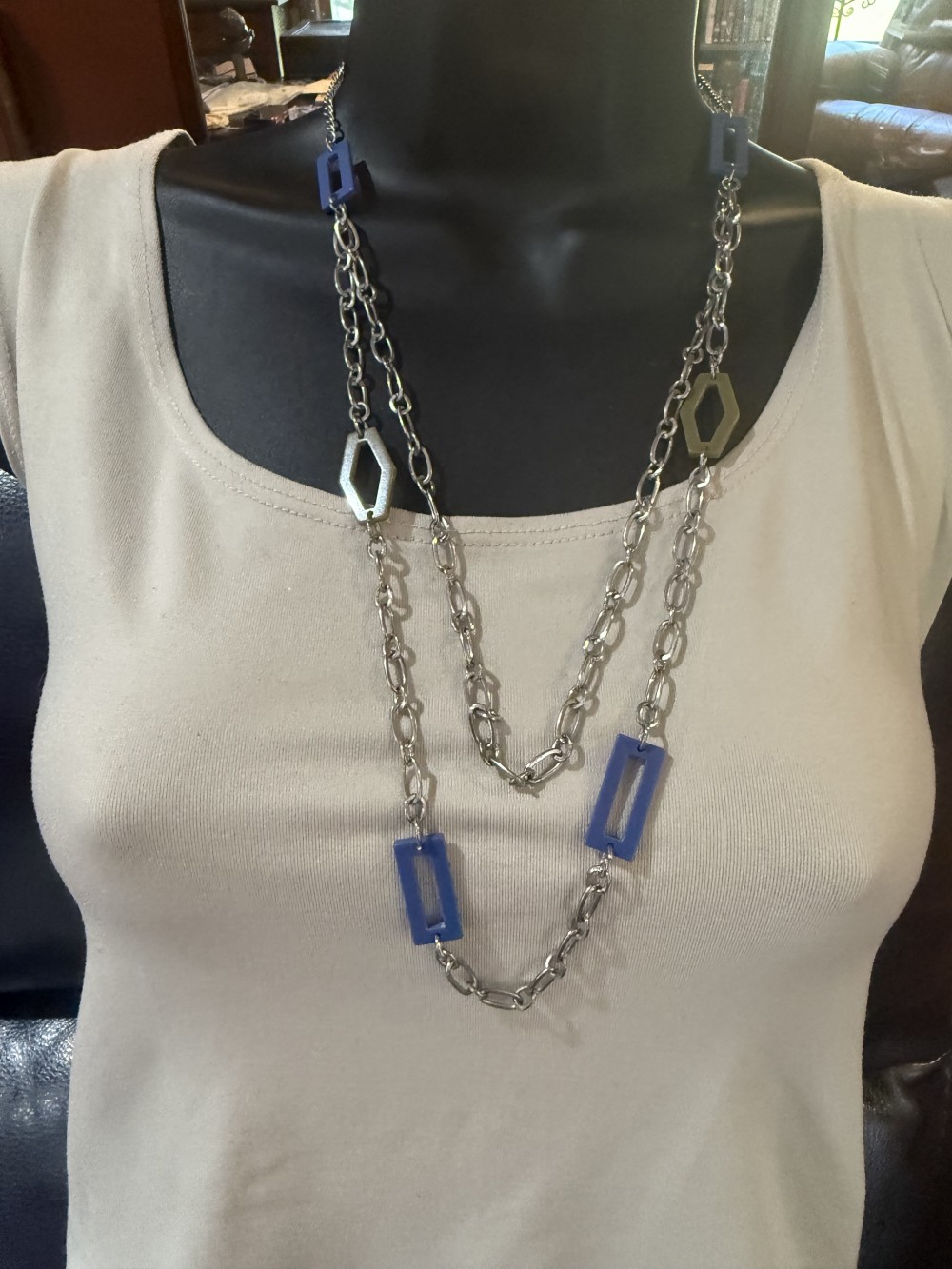 Long Necklace - Blue and Green Geometic Shapes and Silver Chains