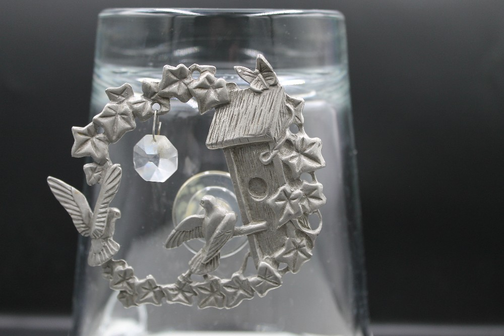 Pewter/crystal suncatcher birdhouse/ivy/butterfly