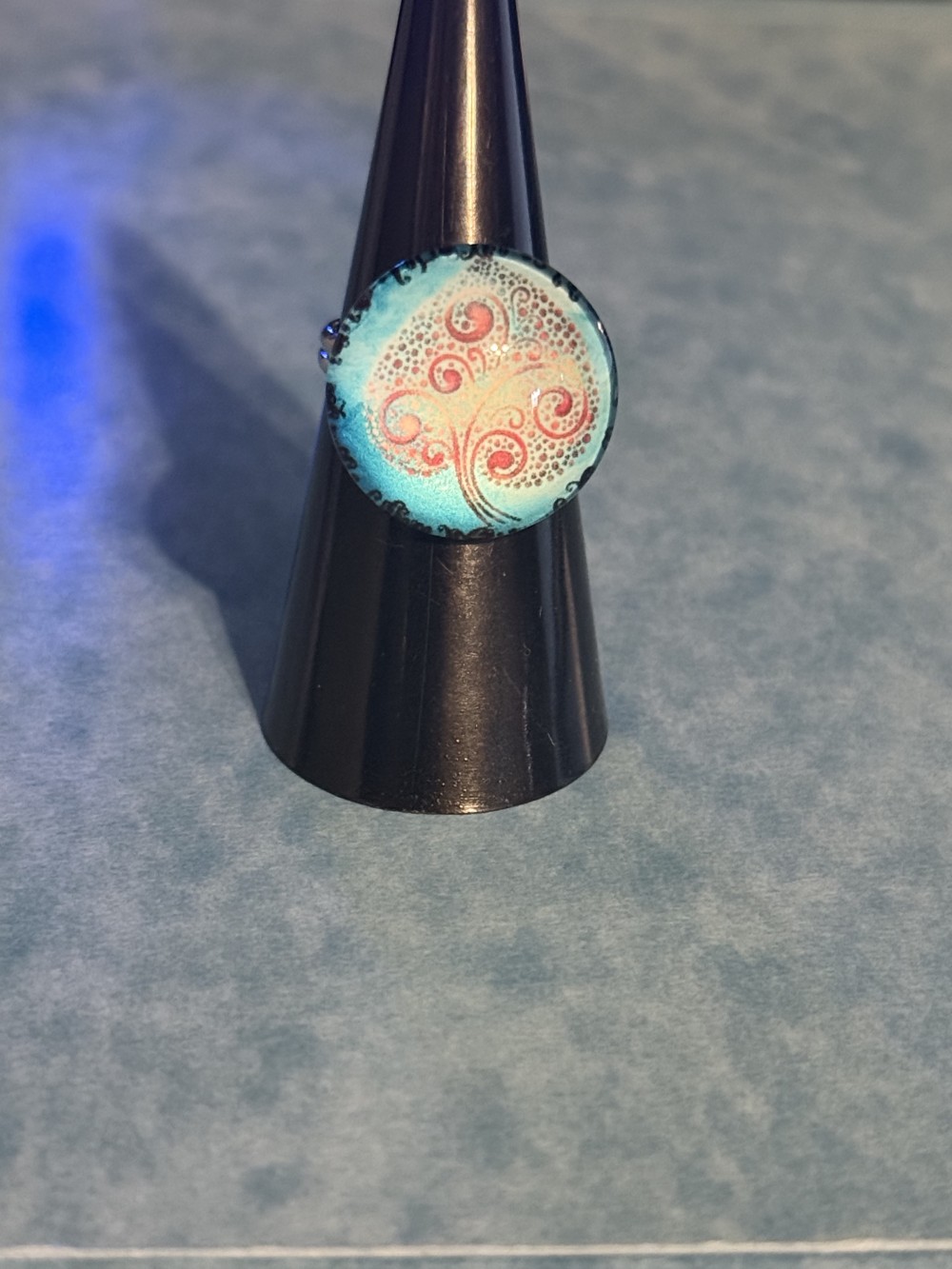 Adjustable Ring - Tree of Life Pink Swirls Spade Blue Background