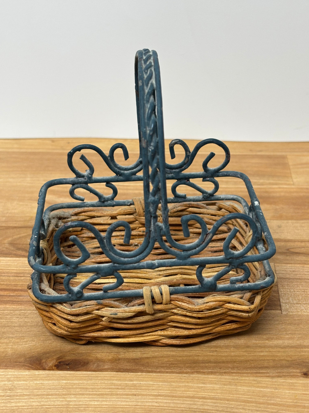Miniature Wicker Basket with Ornate Metal Scrollwork Handle Rustic Farmhouse Decor