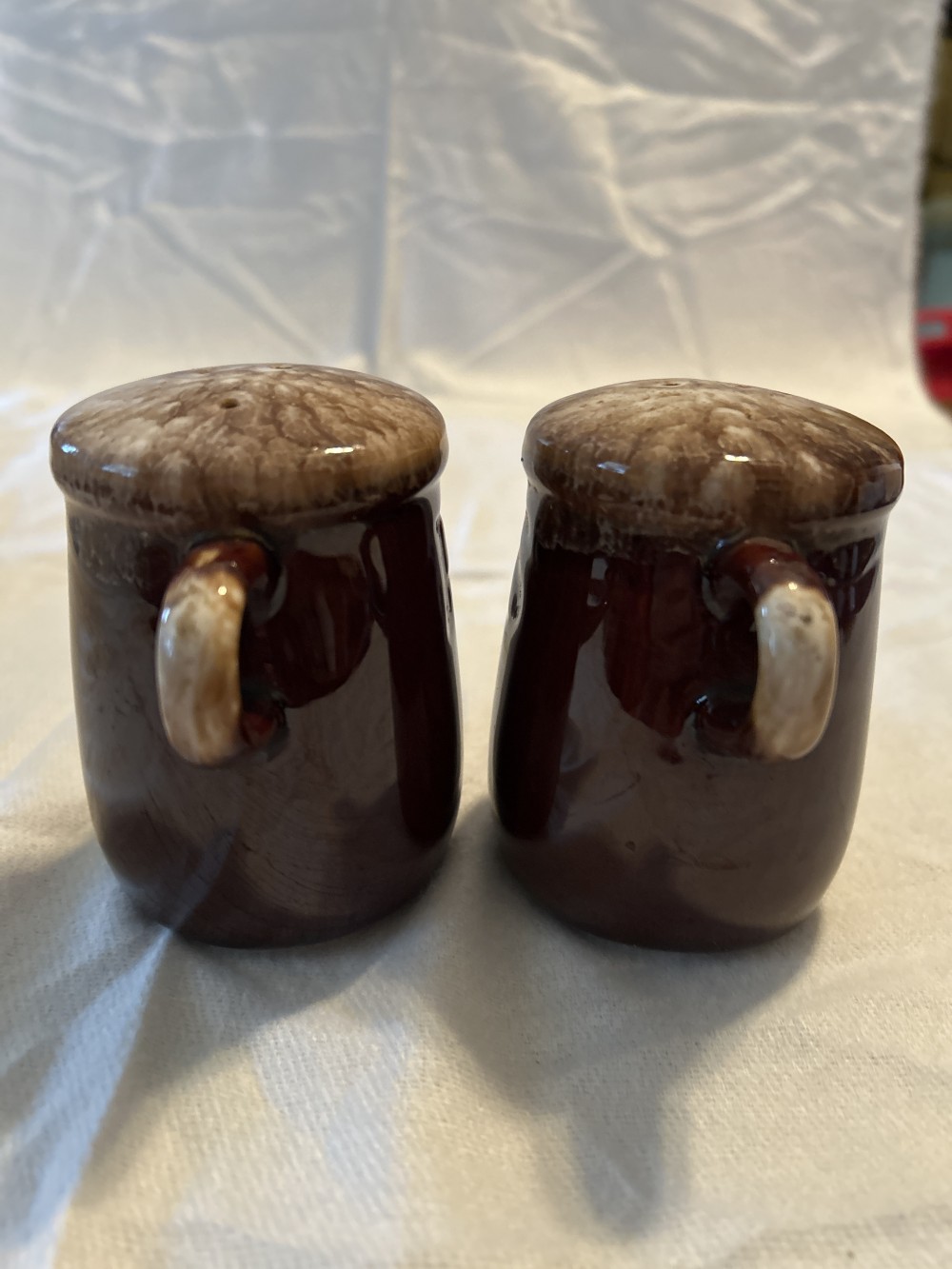 Vintage McCoy Pottery Brown Drip Glaze Salt & Set with corks - excellent condition - as is - see pics