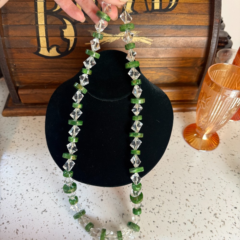 Vintage Green Marbled Bead and Crystal Long Flapper Necklace