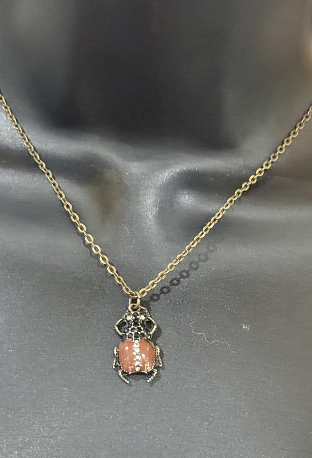 Necklace - Scarab, Beetle Brown Enamel Bronze & Rhinestones