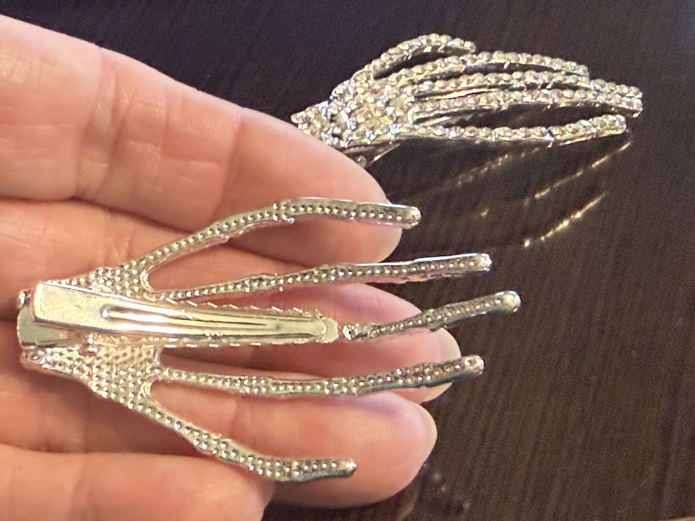 Hair Clips - Rhinestone Silver Rhinestone Skeleton Hands