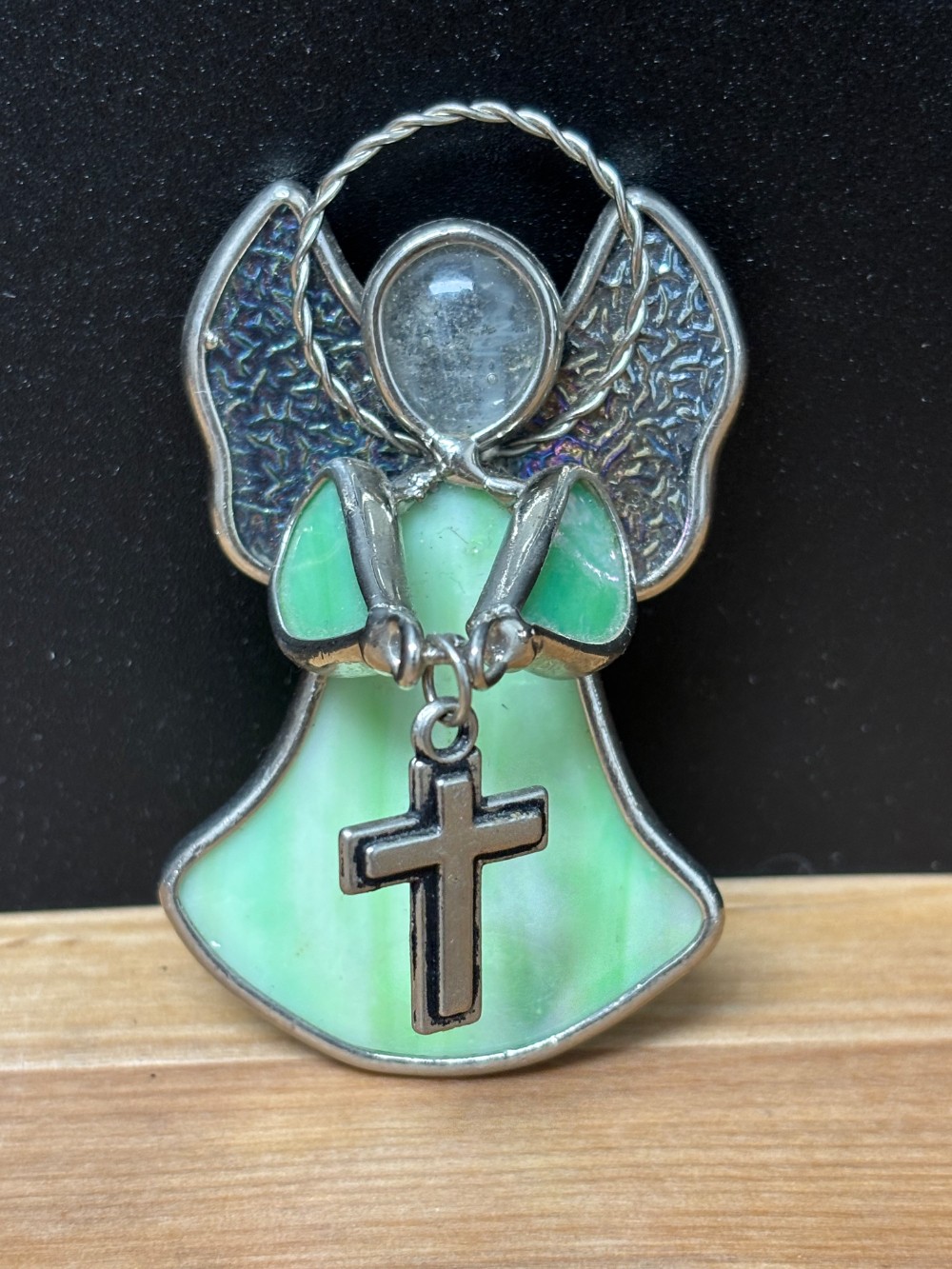 Stained Glass Angel Suncatcher Ornament Green Glass Cross Religious Decor