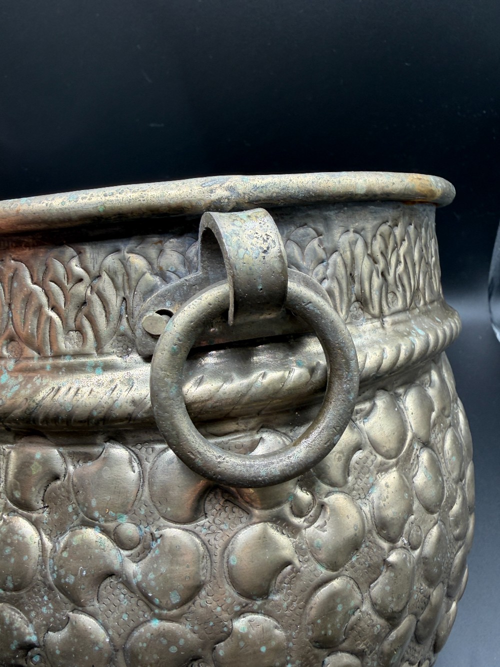 Modern Boho Hand-Hammered Indian Brass Jardinière Planter Cachepot with Ring Handles