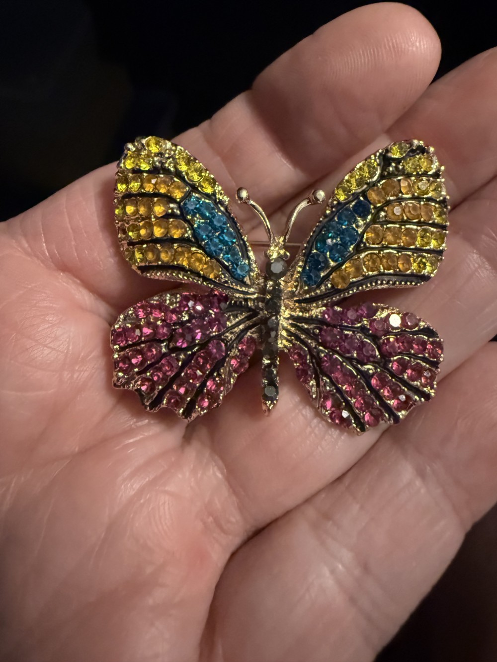 Brooch Pin - Butterfly in Pink Yellow and Blue  Rhinestones