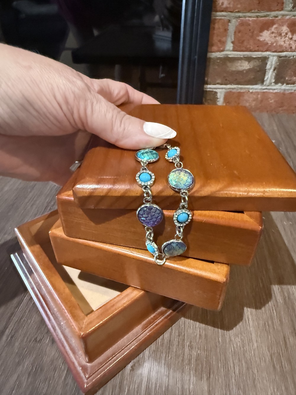 Bracelet Mermaid or Dragon Skin Medallions with Teal & Rhinestone Accents