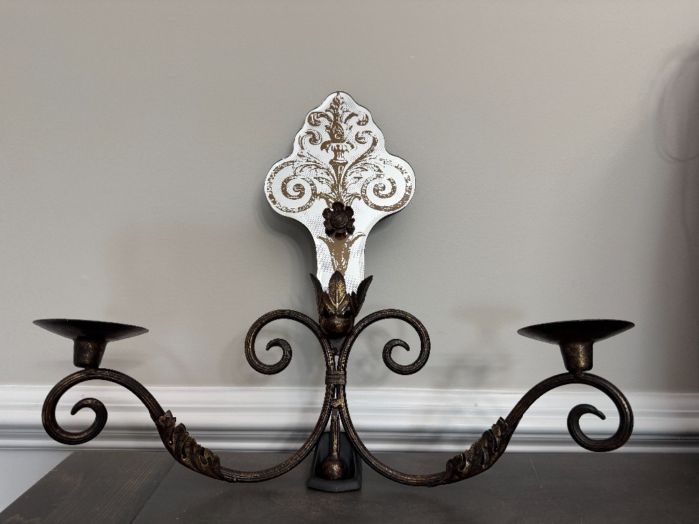 Ornate Iron & Etched Mirror Double Candle Wall Sconce