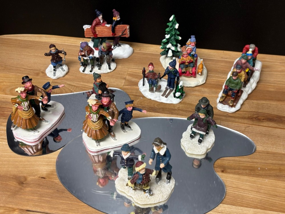 Christmas Village People Winter Activities Ice Skating Sledding Figurines 13 Piece Lot
