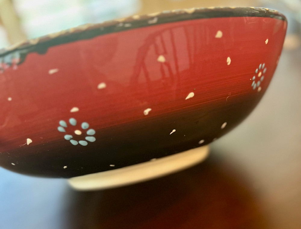 Large Iznik Ceramic Bowl Raised Floral Multi on Red Hand-Painted. 12  Dia. x 4 H.