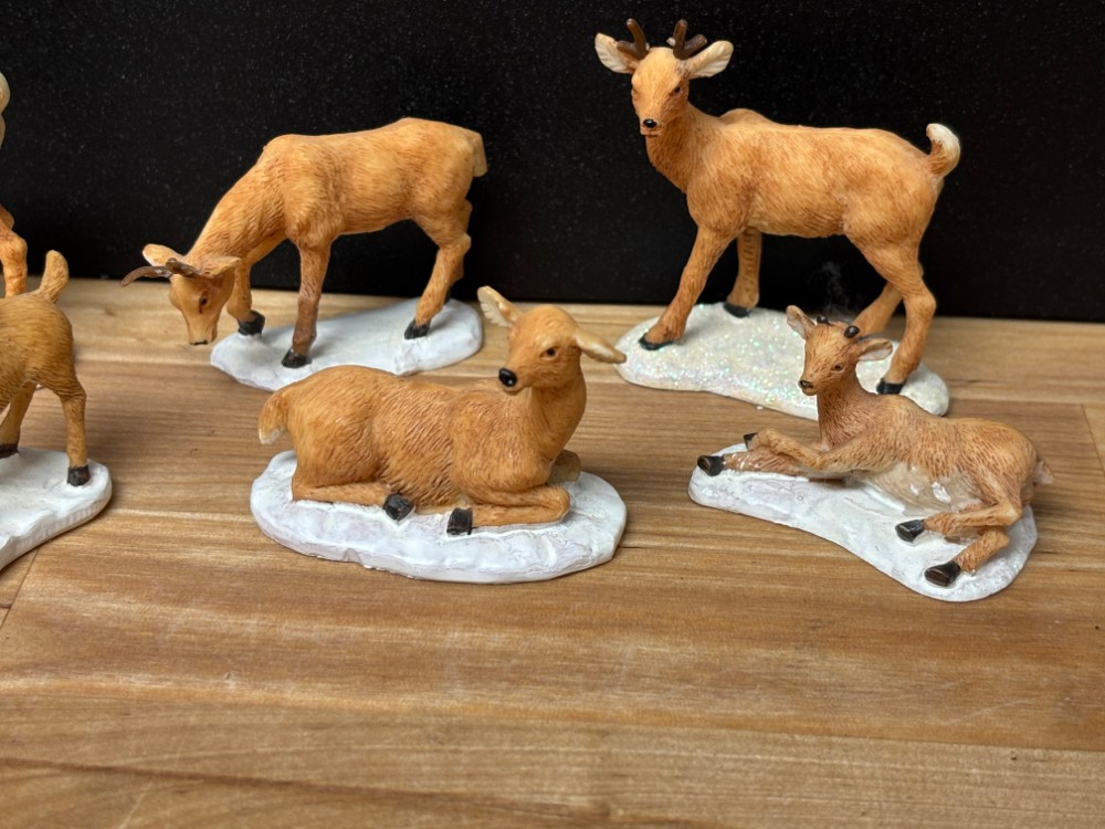 Christmas Village Miniature Deer & Fawn Figurines Set of 7 Snowy Woodland Animals