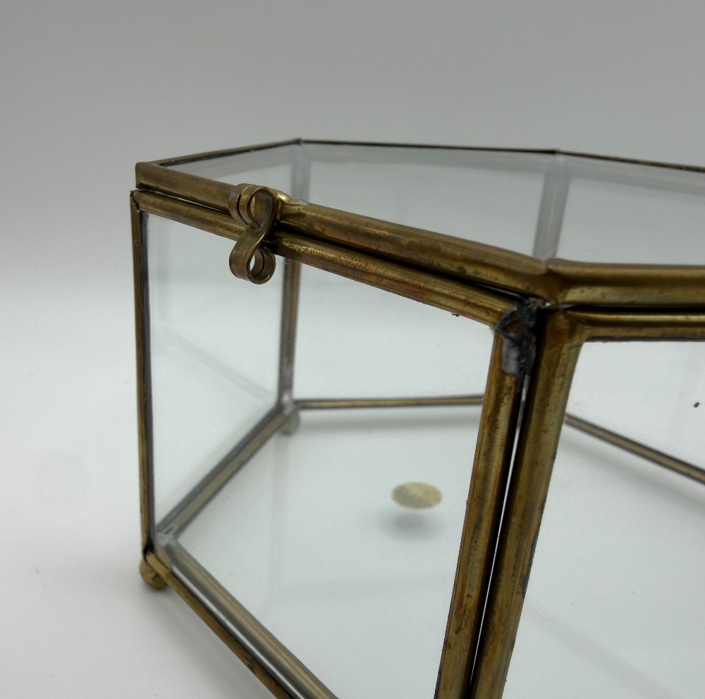 Vintage Brass and Glass Hexagonal Jewelry Casket Box - Hecho en Mexico 1970s