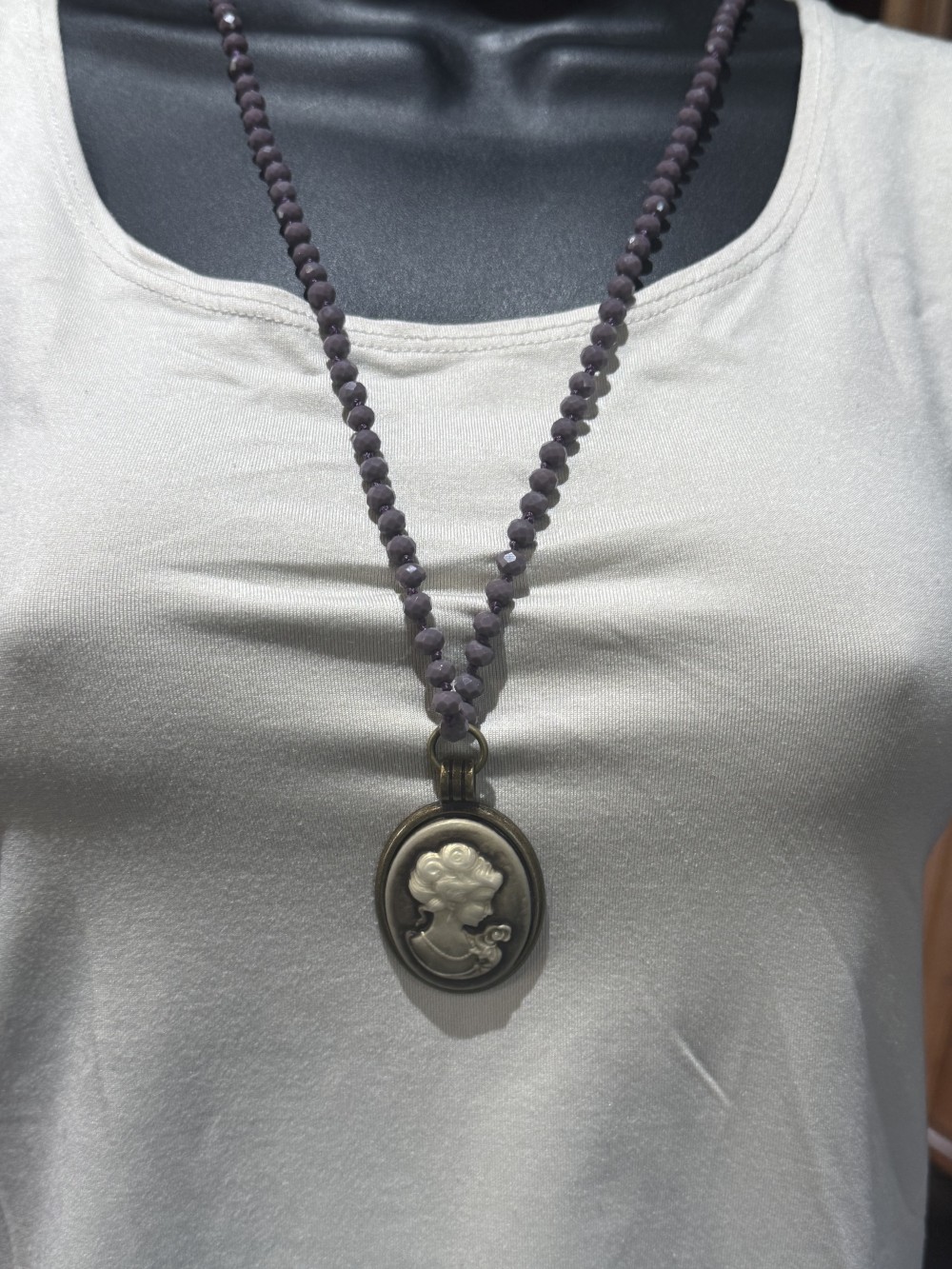 Pendant Necklace-Female Cameo on Purple Beaded Chain