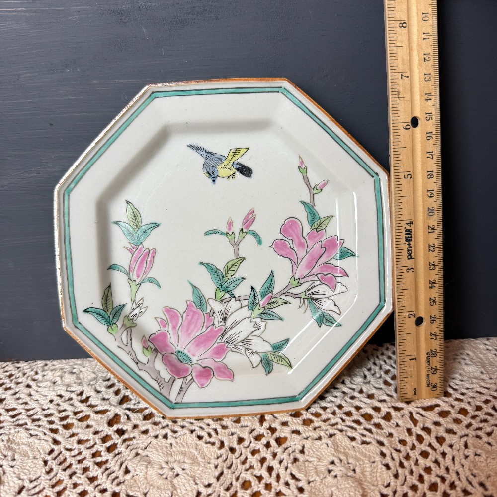 Octagonal Porcelain Plate, Magnolia & Bird