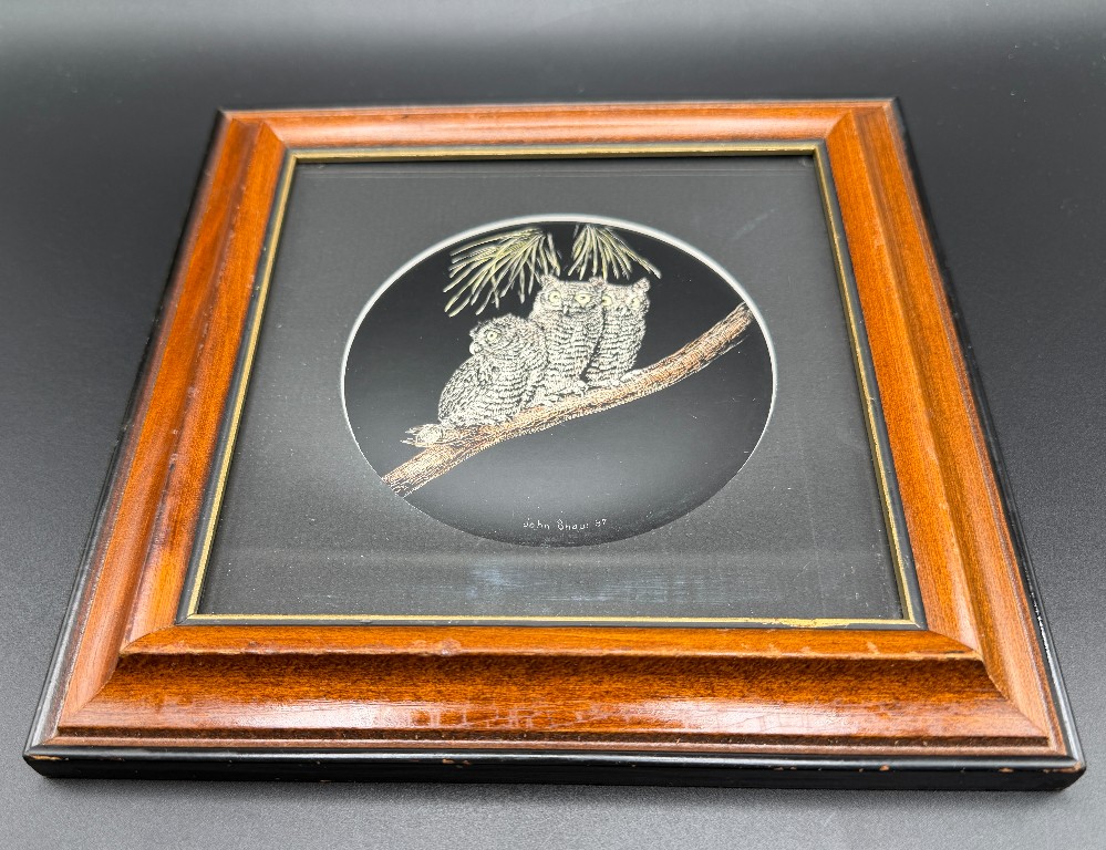 Vintage 1967 Original Owl Family Scratchboard Art by John Shaw – Framed Wildlife Engraving
