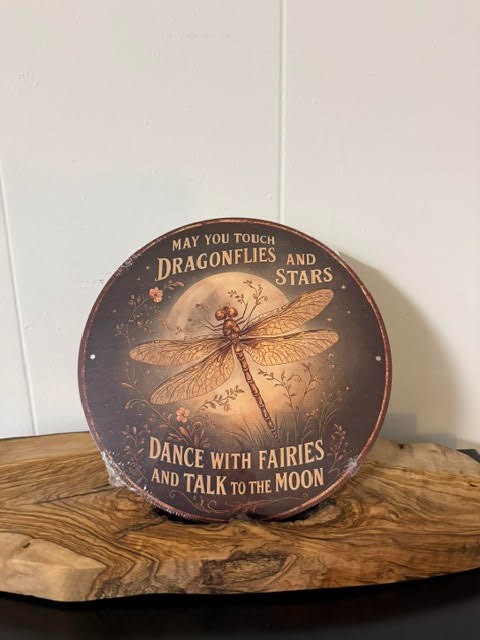 Dragonfly & Stars  Round  Metal Sign Dancing with Fairies & Talks to the Moon