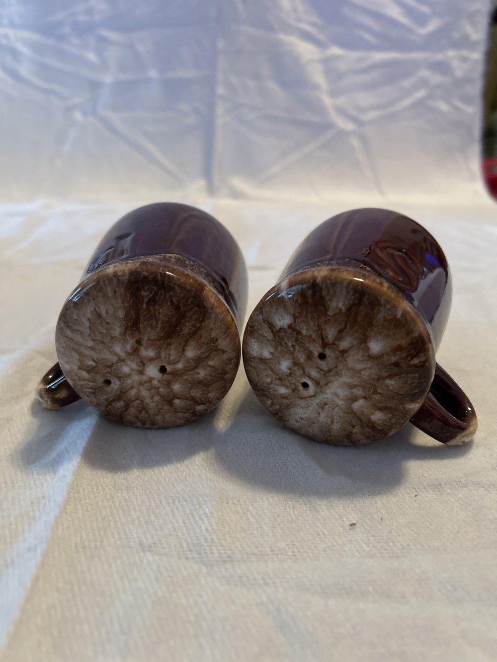 Vintage McCoy Pottery Brown Drip Glaze Salt & Set with corks - excellent condition - as is - see pics