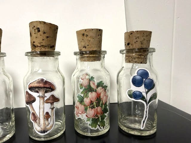 Vintage Made in Taiwan 12 Corked Glass Spice Bottles Set Embellished with Floral Transparencies