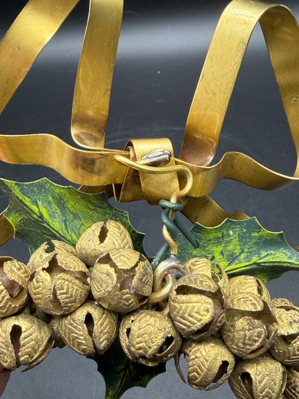 Vintage Petites Choses Brass Jingle Bell Wreath Ornament - Hand-Painted Holly & Bow