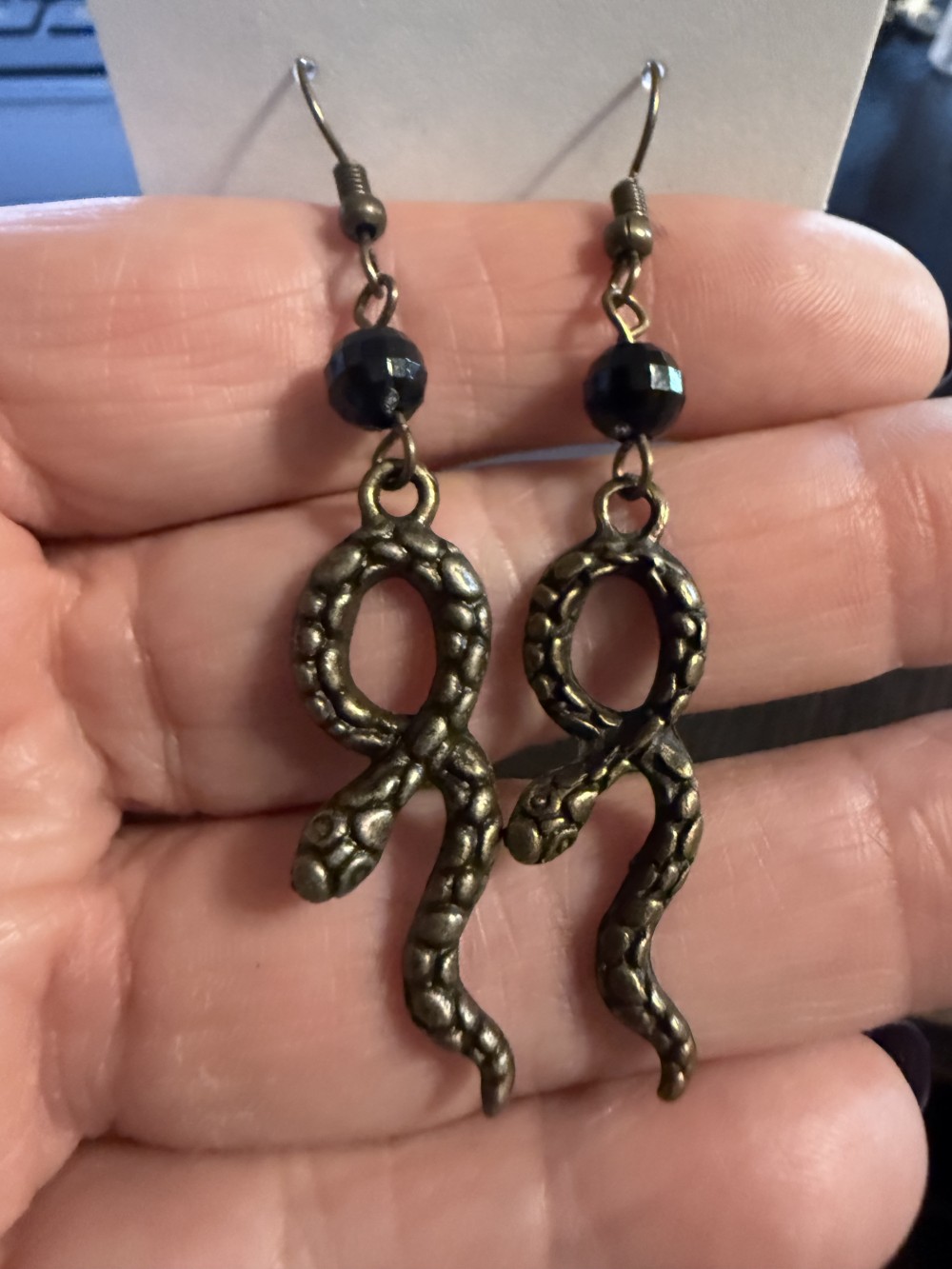Earrings - Looped Snake Black Bead Snake, Serpent, Snakes, Serpents