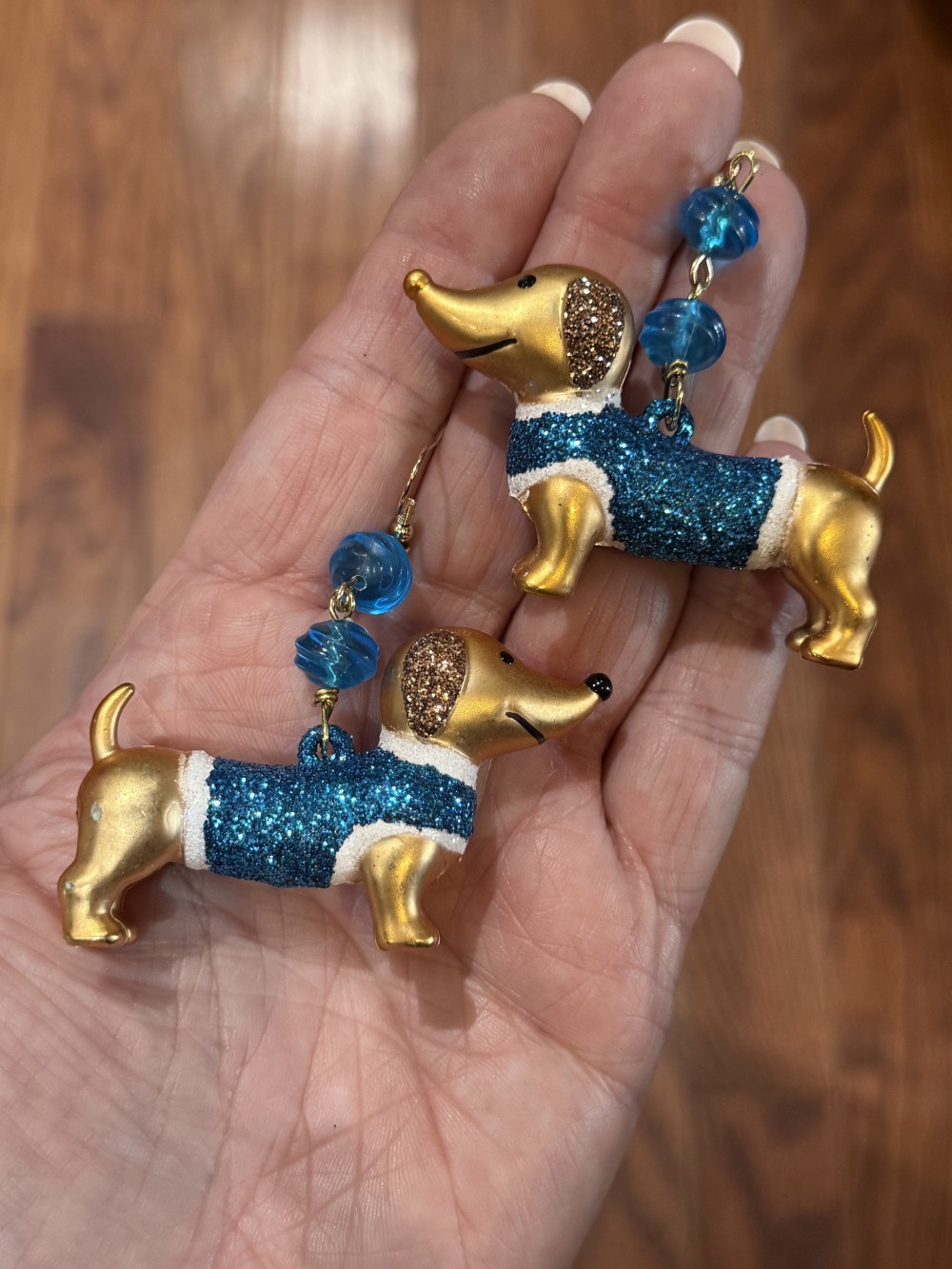 Earrings - Dachshund in Blue Glittered Sweater, Doxie, Dog