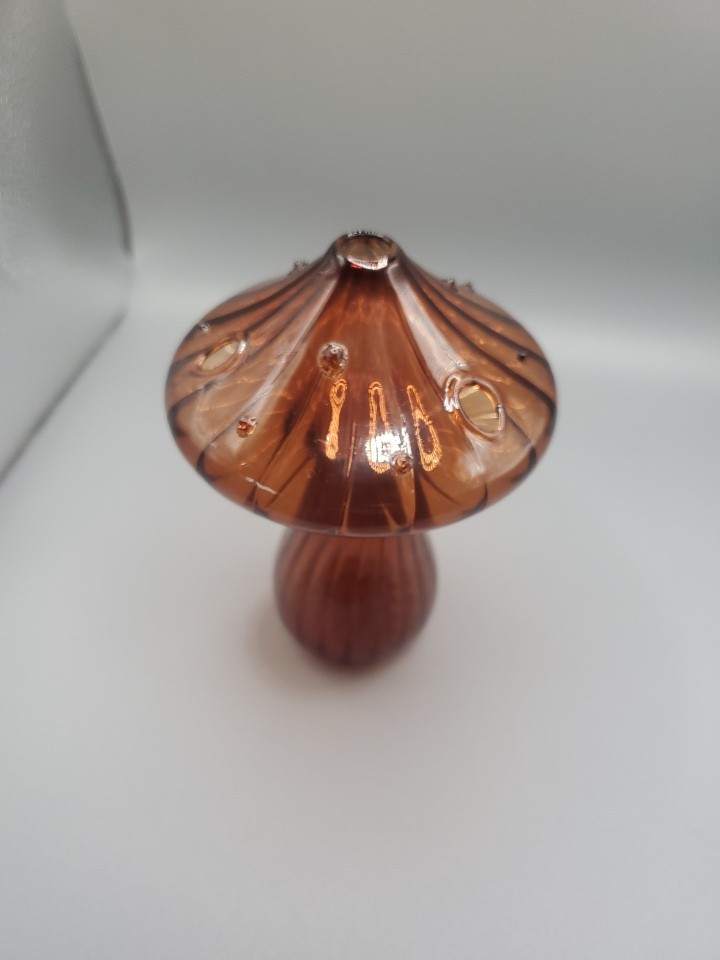 Brown Mushroom Flower Frog Art Glass
