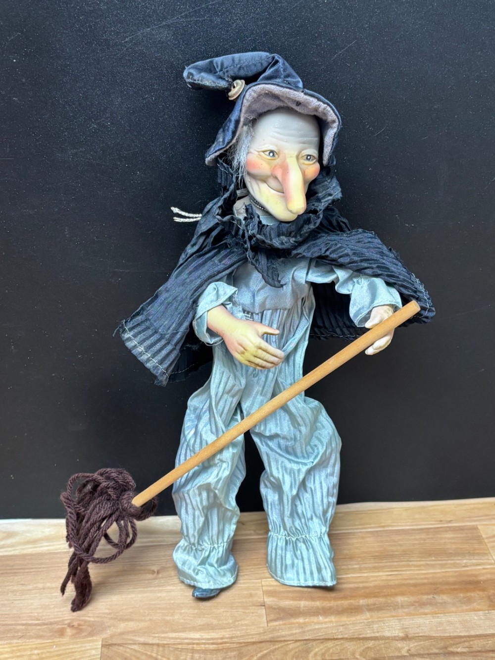 Vintage Kitchen Witch Doll Hand Painted Ceramic Poseable Halloween Broom 13 Inch