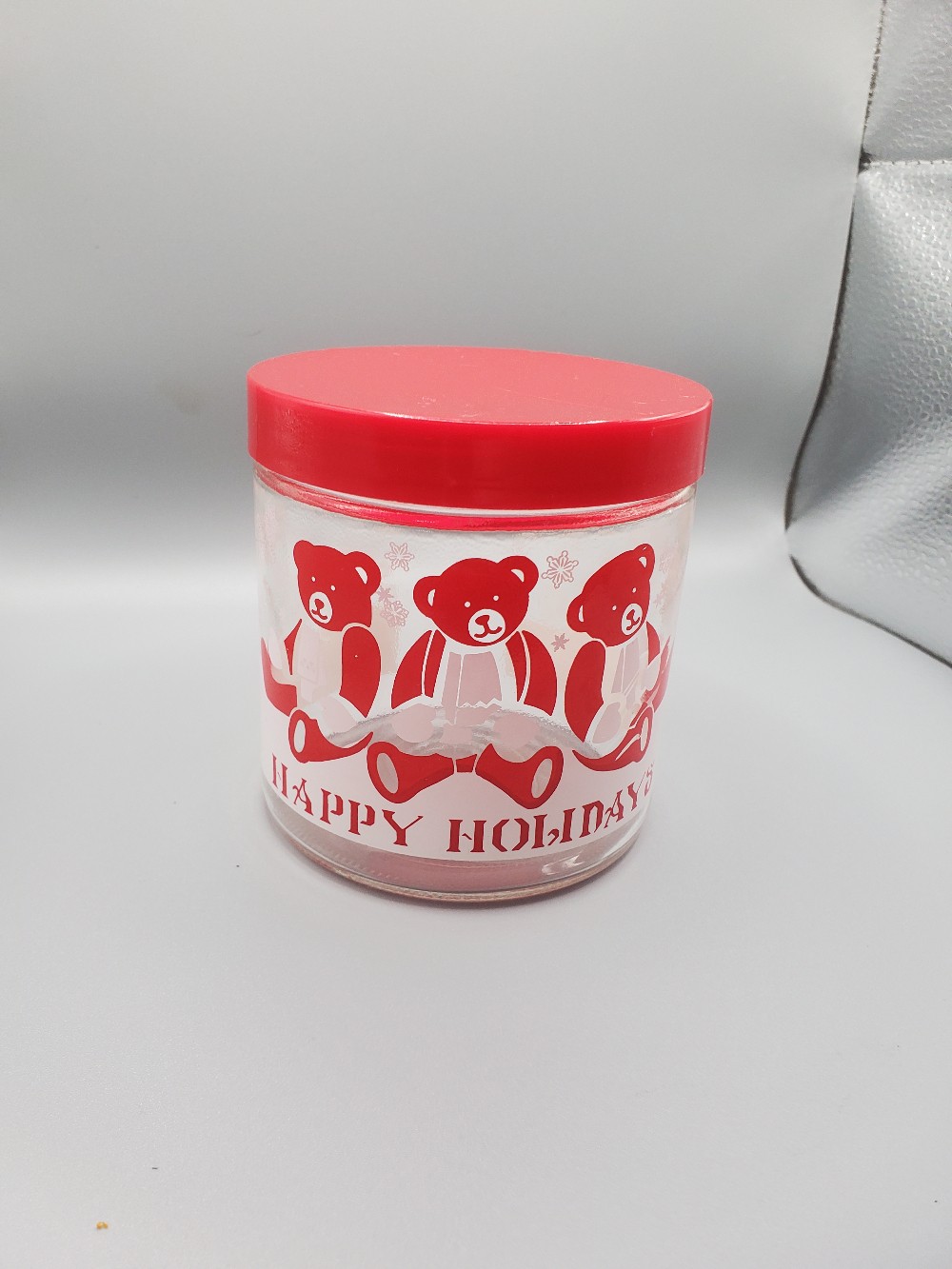 Vintage 1980s Holiday Teddy Bear Glass Jar