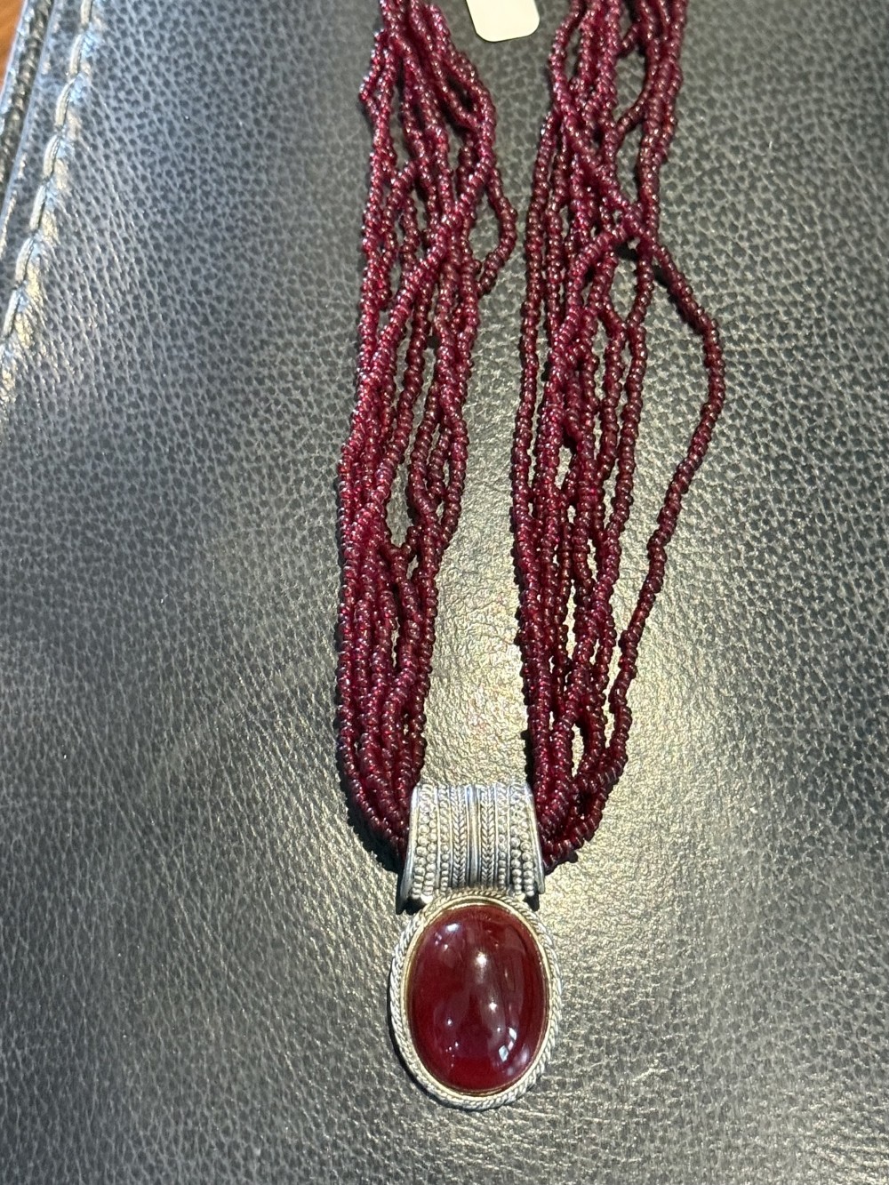 Necklace - Burgandy Glass Beads with Oval Pendant