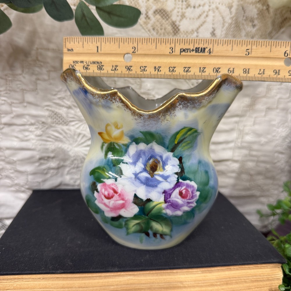 Vintage Hand-Painted Porcelain Rose Vase | Ruffled Rim | Gold Trim | Pink Lavender Roses | Victorian Style