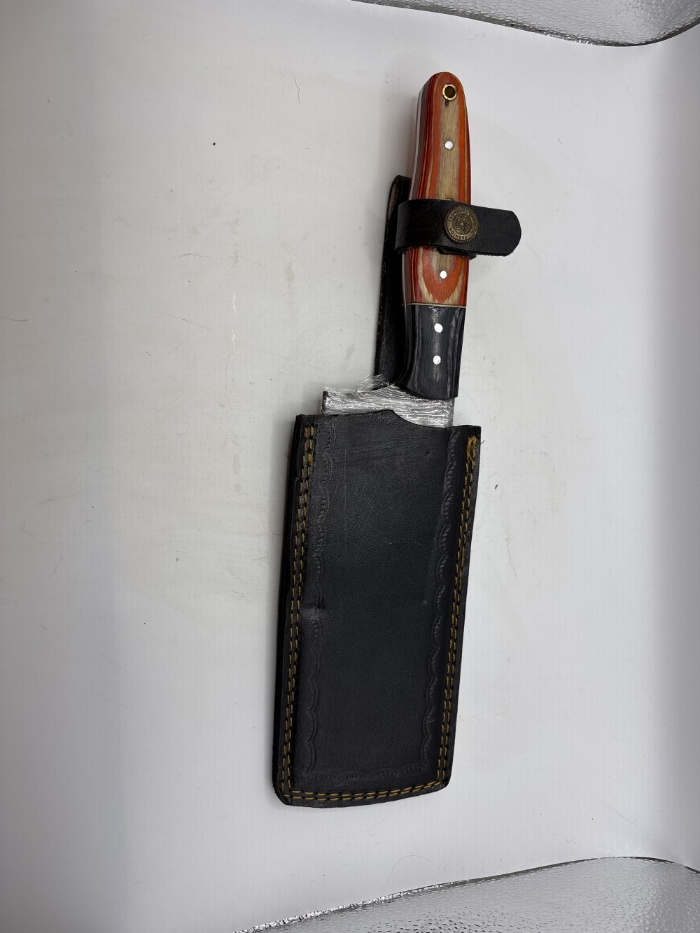 Damascus Cleaver Knife Red and Black Handle 11 inch Like New with Sheath As-is