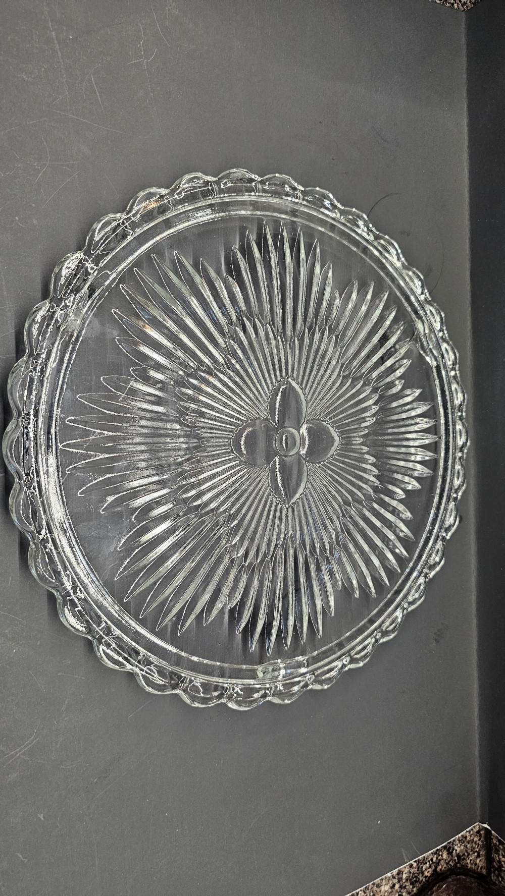 Vintage Indiana Glass Floral sunburst footed cake plate
