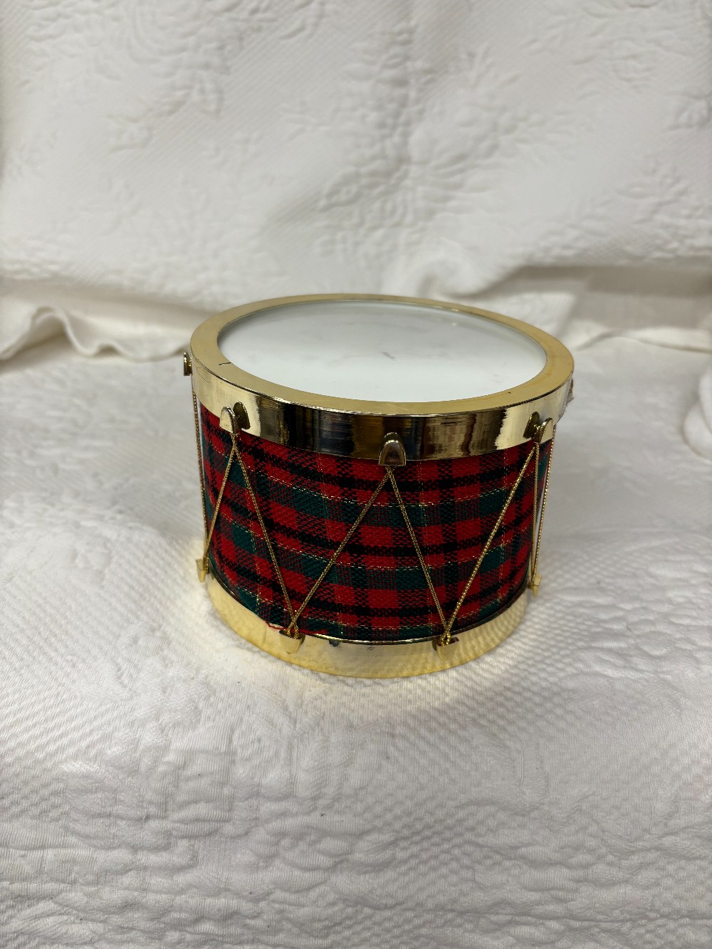 Red plaid plastic drum gold accents